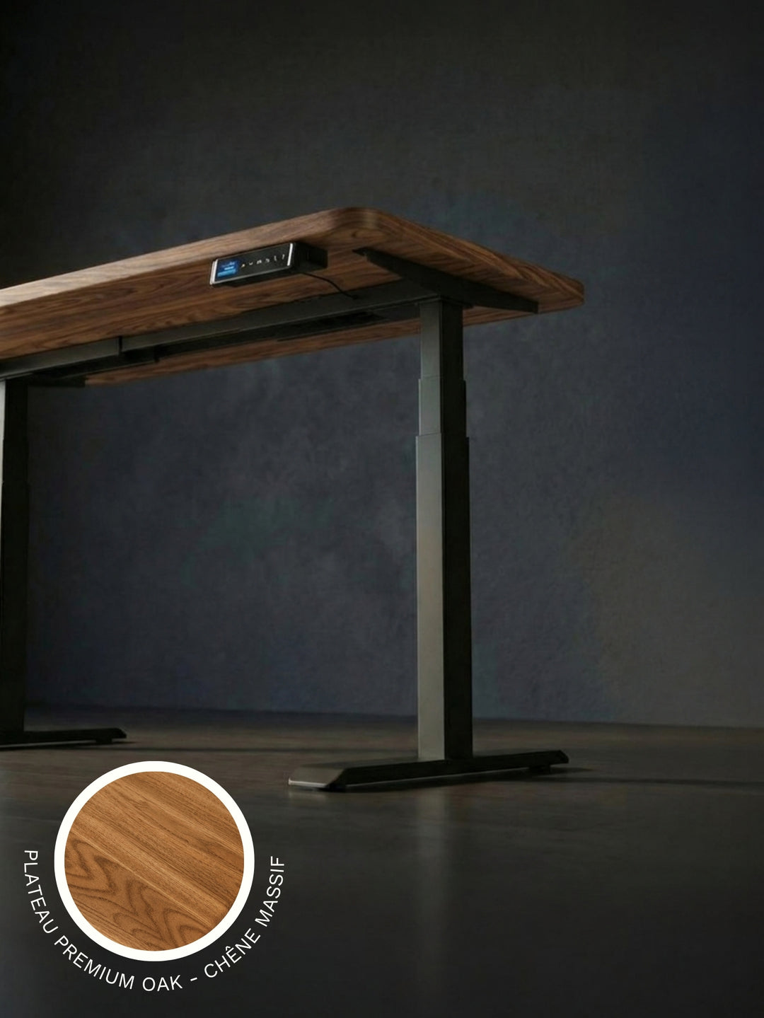 AUM WORLD - Bureau Assis Debout ADVANCED PRO avec plateau PREMIUM OAK en chêne massif huilé.