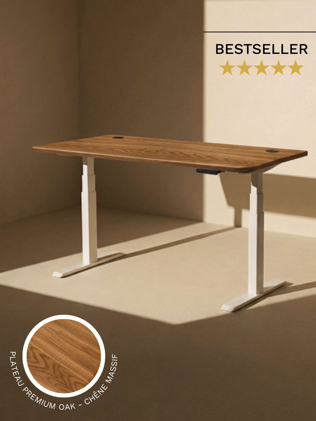 Bureau Assis Debout AUM WORLD ADVANCED GO avec plateau PREMIUM OAK en chêne massif Made in France et piètement blanc.