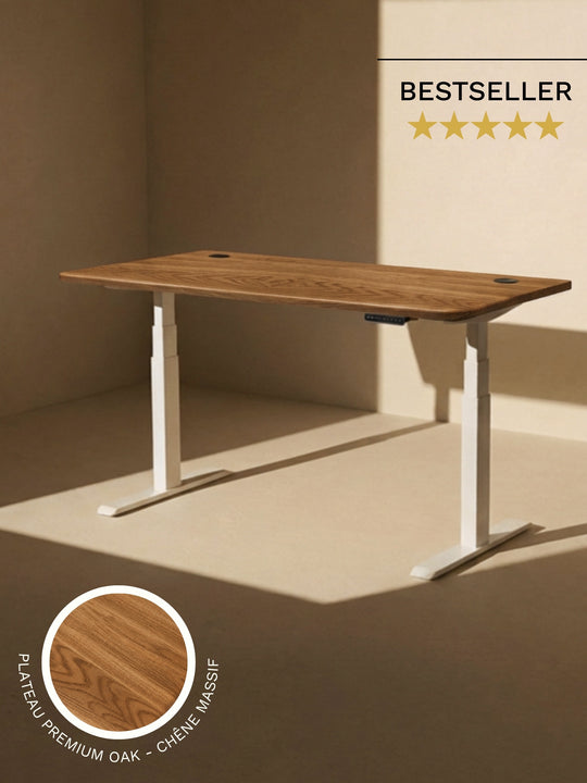 Bureau Assis Debout AUM WORLD ADVANCED GO avec plateau PREMIUM OAK en chêne massif Made in France et piètement blanc.
