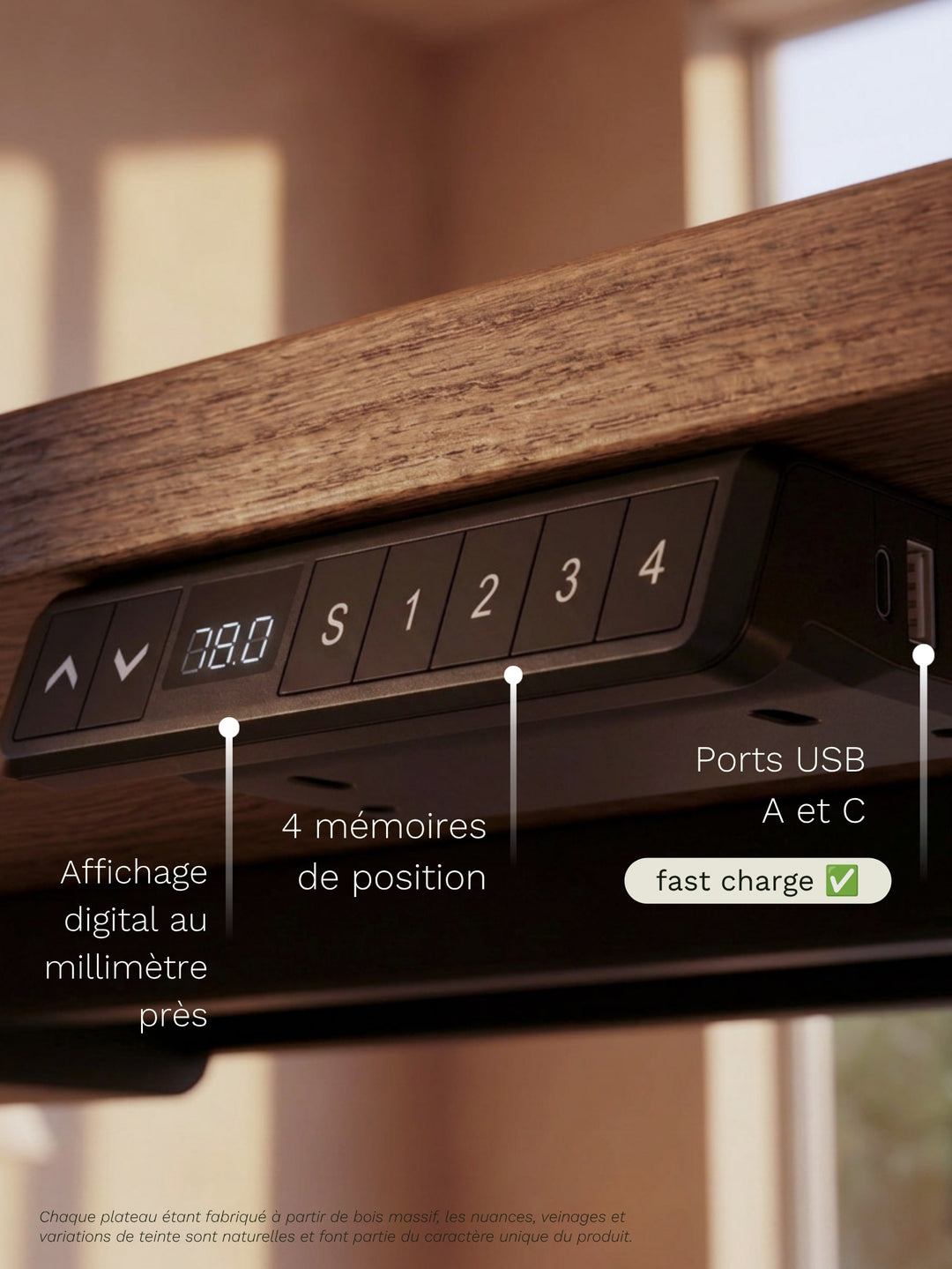 Console de commande du bureau Assis Debout AUM WORLD ADVANCED GO avec affichage digital, 4 mémoires de position et ports USB A et USB-C.