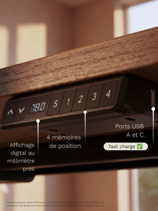 Console de commande du bureau Assis Debout AUM WORLD ADVANCED GO avec affichage digital, 4 mémoires de position et ports USB A et USB-C.
