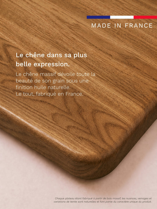 Gros plan sur le plateau PREMIUM OAK en chêne massif Made in France du bureau Assis Debout AUM WORLD ADVANCED GO.