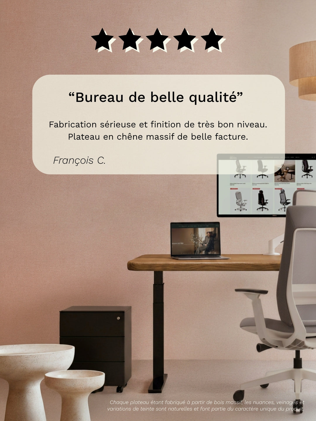 Avis client sur le bureau Assis Debout AUM WORLD ADVANCED avec plateau PREMIUM OAK en chêne massif Made in France.