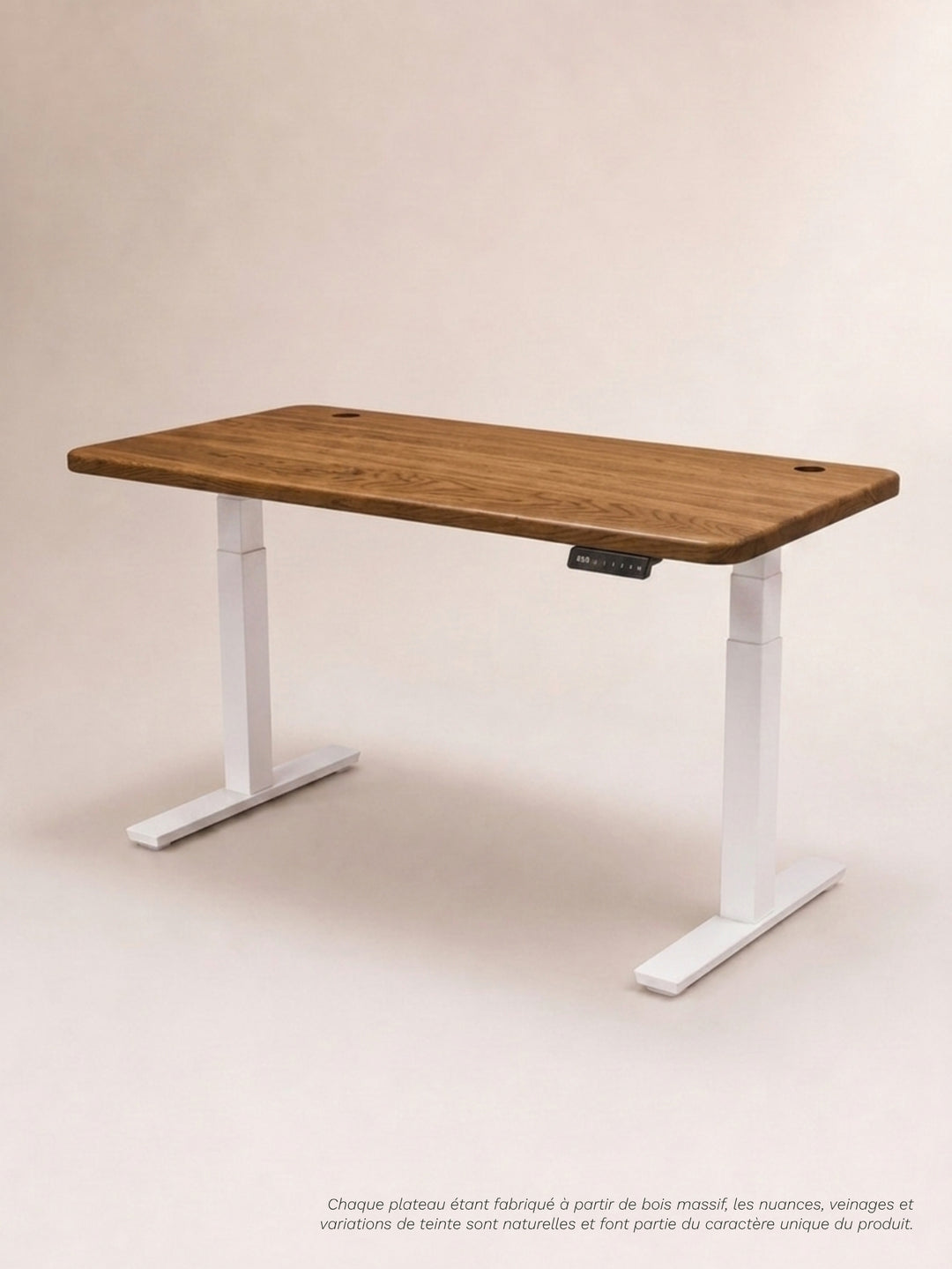 Bureau Assis Debout AUM WORLD ADVANCED avec piètement blanc Made in France et plateau PREMIUM OAK en chêne massif.
