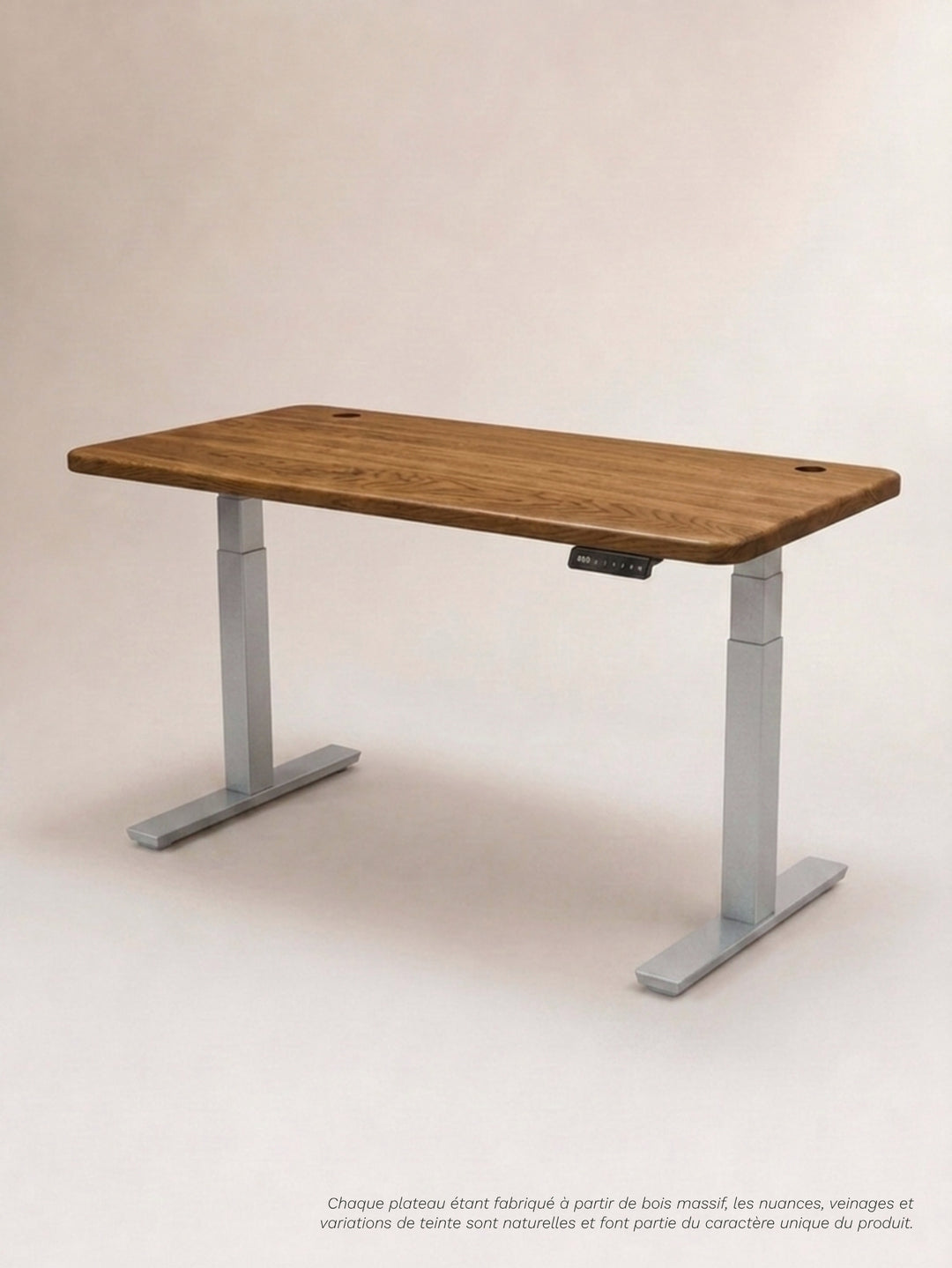 Bureau Assis Debout AUM WORLD ADVANCED avec piètement gris RAL 9006 Made in France et plateau PREMIUM OAK en chêne massif.