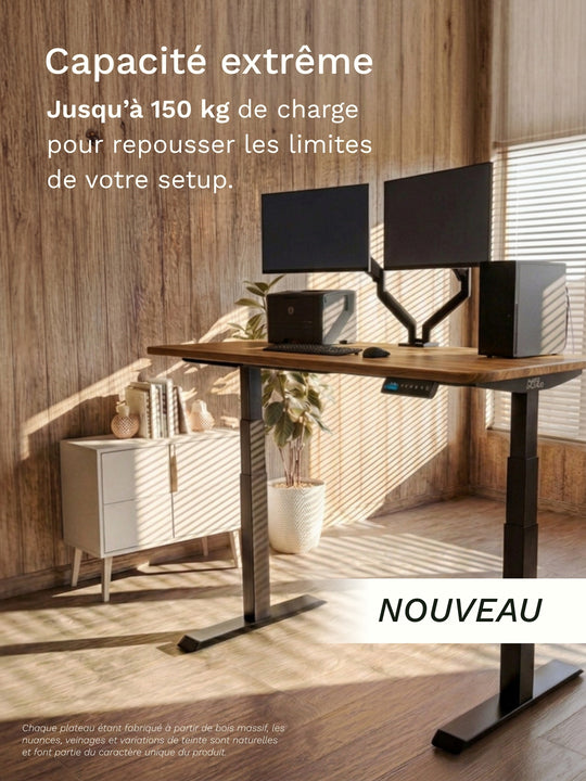AUM WORLD - Bureau électrique ADVANCED PRO dans sa position haute avec plateau PREMIUM OAK.