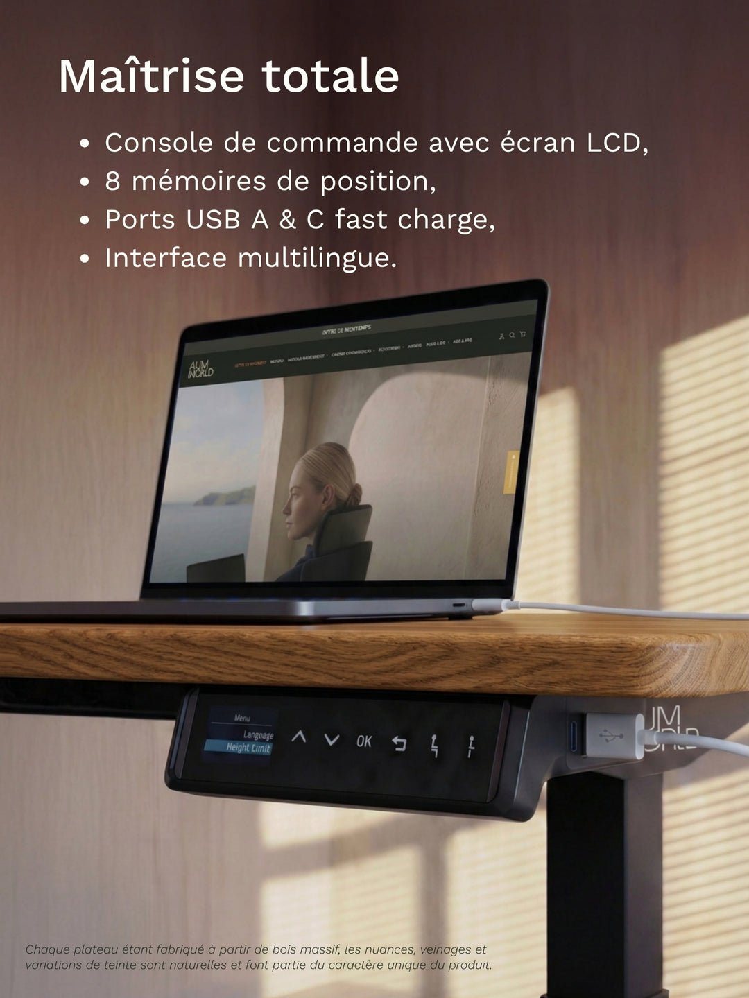 AUM WORLD - Bureau Assis Debout premium avec plateau PREMIUM OAK fabriqué en France.