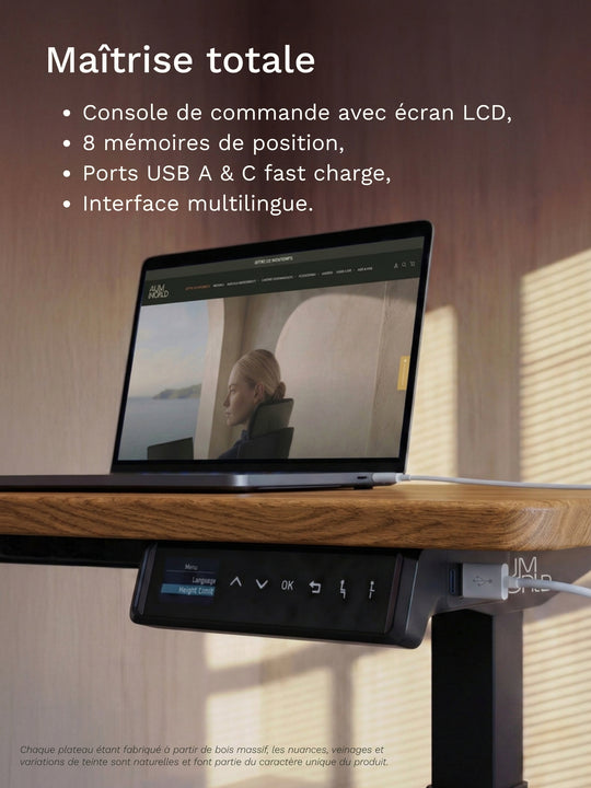 AUM WORLD - Bureau Assis Debout premium avec plateau PREMIUM OAK fabriqué en France.