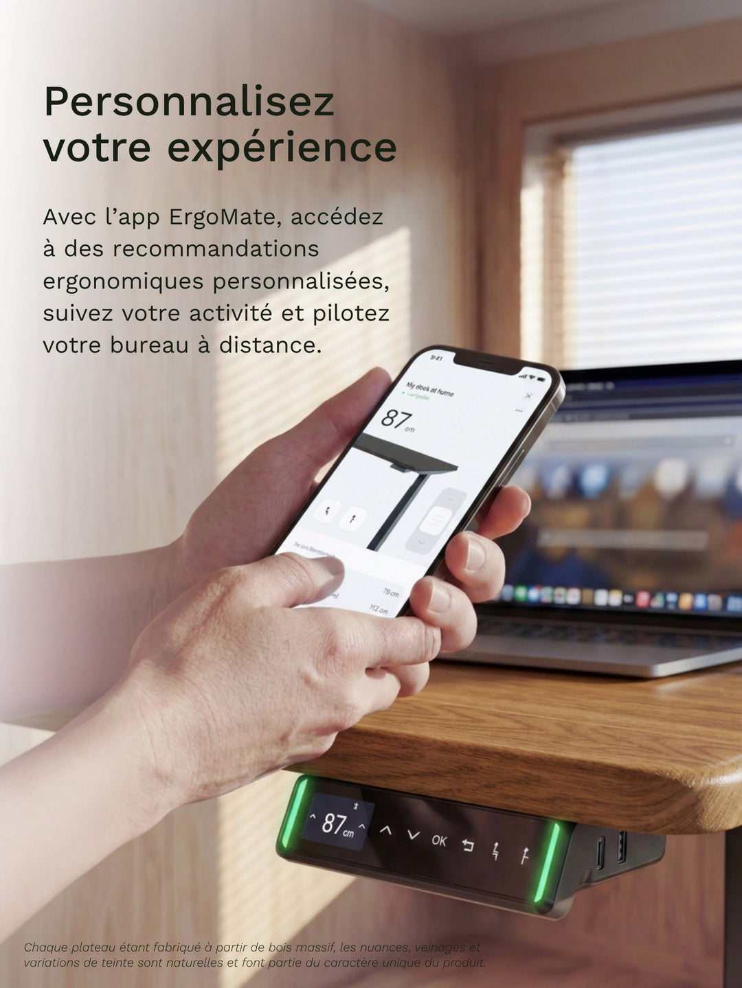 AUM WORLD - Bureau Assis Debout électrique avec plateau en chêne massif et piètement ADVANCED PRO.
