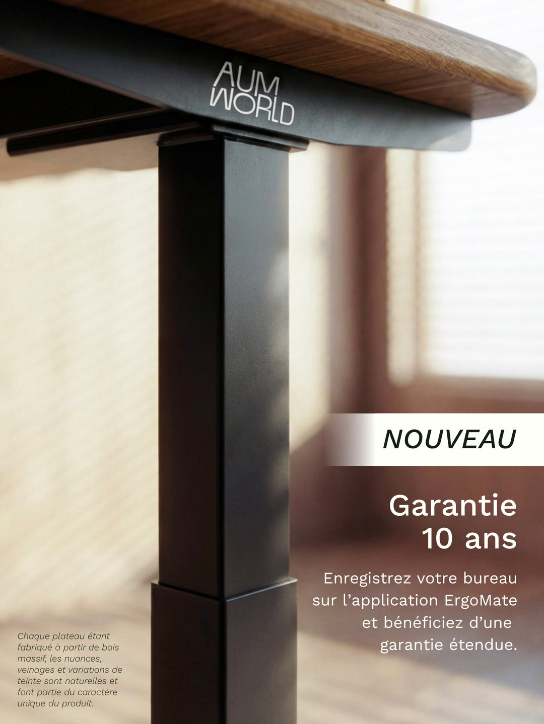 AUM WORLD - Piètement électrique ADVANCED PRO associé au plateau PREMIUM OAK en chêne massif.