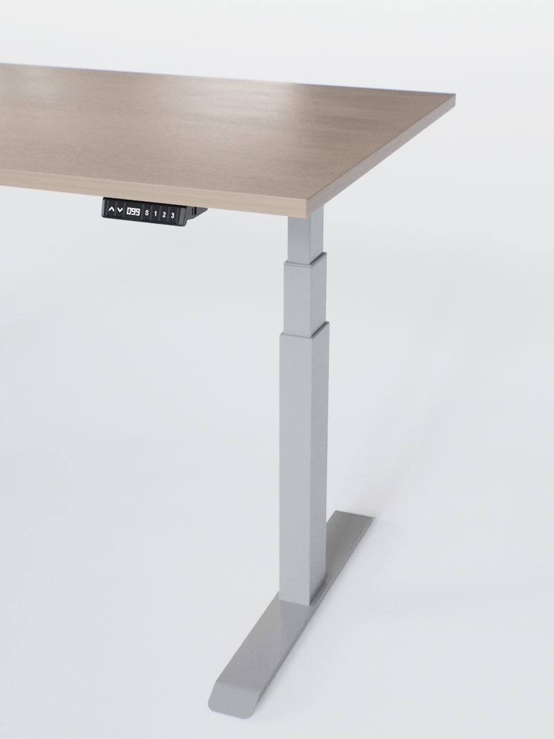 AUM WORLD_Bureau Assis Debout Électrique - ADVANCED LITE GO_Ports USB A_USB C_Gris_Plateau Bois Clair_Vue Détaillée_Copyrights AUM WORLD_2024