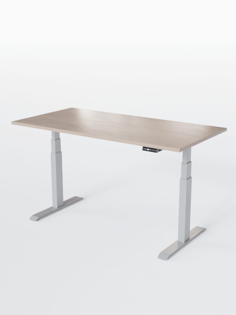 AUM WORLD_Bureau Assis Debout Électrique - ADVANCED LITE GO_Ports USB A_USB C_Gris_Plateau Bois Clair_Vue Globale_Copyrights AUM WORLD_2024