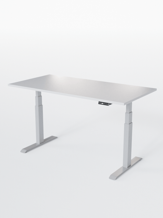 AUM WORLD_Bureau Assis Debout Électrique - ADVANCED LITE GO_Ports USB A_USB C_Gris_Plateau Blanc Premium_Vue Globale_Copyrights AUM WORLD_2024