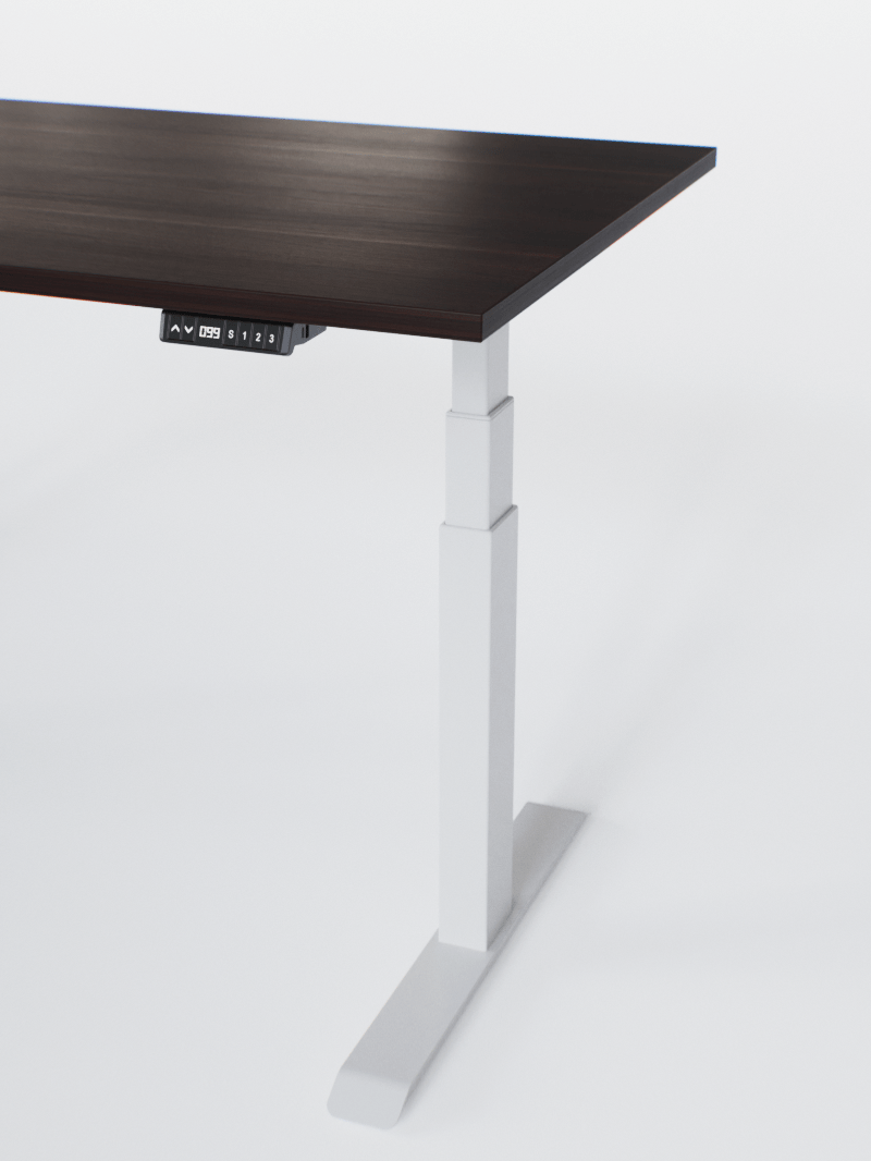 AUM WORLD_Bureau Assis Debout Électrique - ADVANCED LITE GO_Ports USB A_USB C_Blanc_Plateau Bois Foncé_Vue Détaillée_Copyrights AUM WORLD_2024