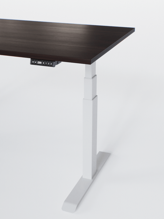 AUM WORLD_Bureau Assis Debout Électrique - ADVANCED LITE GO_Ports USB A_USB C_Blanc_Plateau Bois Foncé_Vue Détaillée_Copyrights AUM WORLD_2024