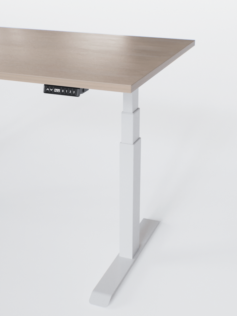 AUM WORLD_Bureau Assis Debout Électrique - ADVANCED LITE GO_Ports USB A_USB C_Blanc_Plateau Bois Clair_Vue Détaillée_Copyrights AUM WORLD_2024