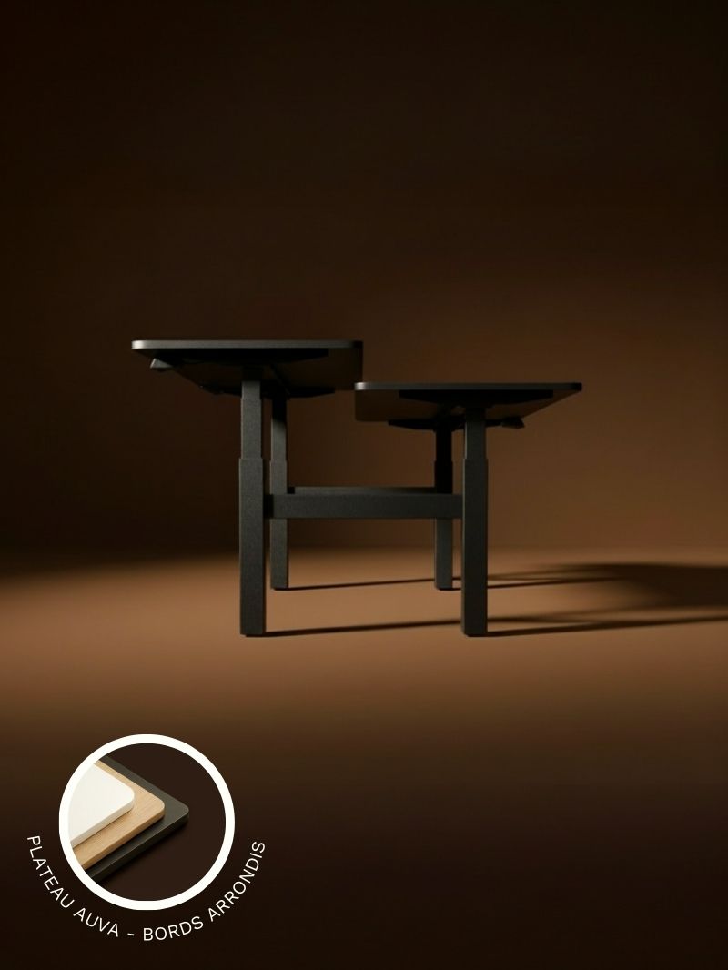 Duo Go - Plateau Auva | Bench Assis Debout Électrique 2 Postes, 70 cm, Angles arrondis, Ports USB A & C