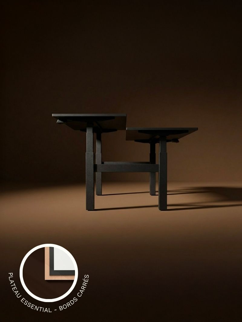 Bench Assis Debout Electrique DUO GO_Plateaux ESSENTIAL_Angles Droits_AUM WORLD