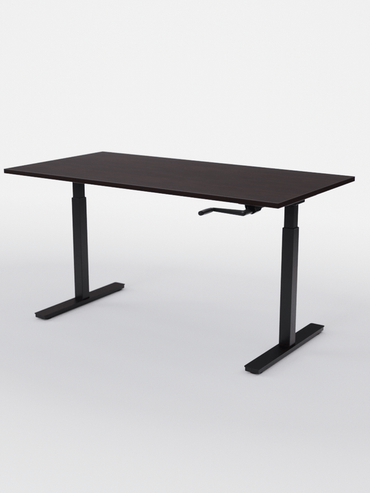 AUM WORLD_Bureau Assis Debout MANUE_Handy Go_Pieds Noir_Plateau Bois Foncé_Copyrights_AUM WORLD®_2023