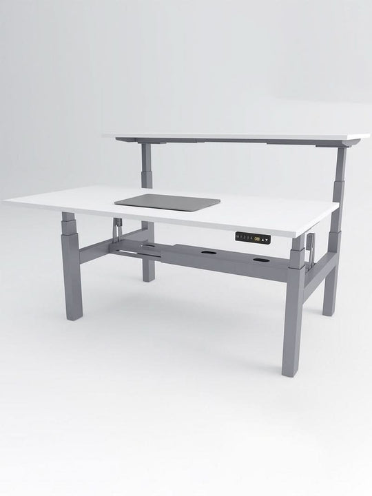 Bench Open Space Assis Debout Électrique 2 personnes - DUO - pieds gris - plateau blanc